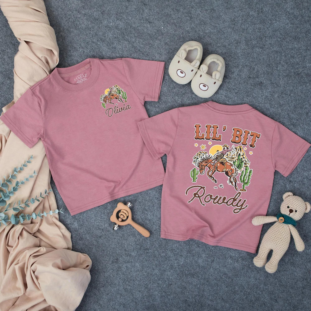 Personalized Lil' Bit Rowdy Baby Romper with Cowgirl and Horse Graphic Custom Toddler Outfit Soft Cotton Western Birthday Girl Clothes
