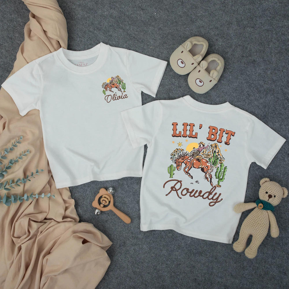 Personalized Lil' Bit Rowdy Baby Romper with Cowgirl and Horse Graphic Custom Toddler Outfit Soft Cotton Western Birthday Girl Clothes
