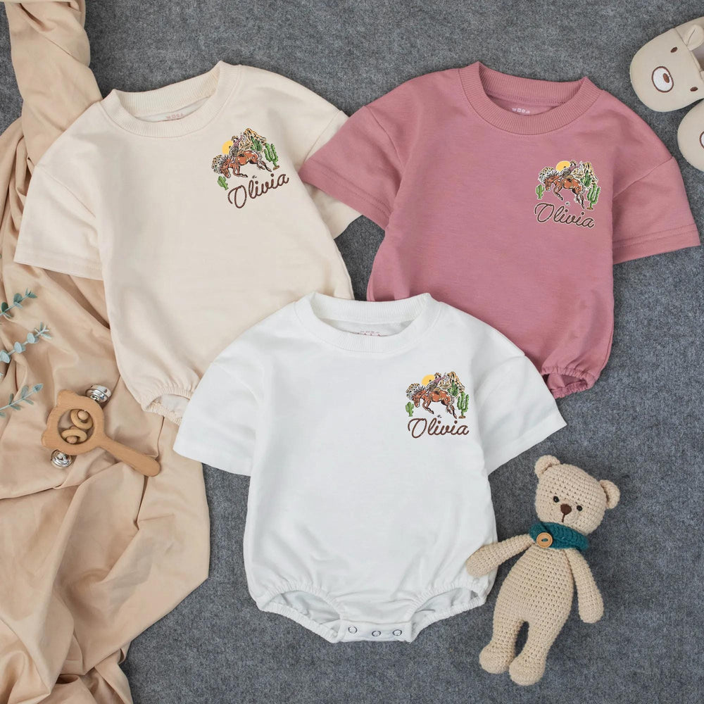 Personalized Lil' Bit Rowdy Baby Romper with Cowgirl and Horse Graphic Custom Toddler Outfit Soft Cotton Western Birthday Girl Clothes