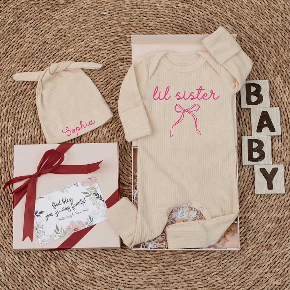 Personalized Lil Sister Baby Bodysuit with Pink Bow Design Soft Cotton Newborn Girl Clothes Sweet Minimalist Baby Shower Gift