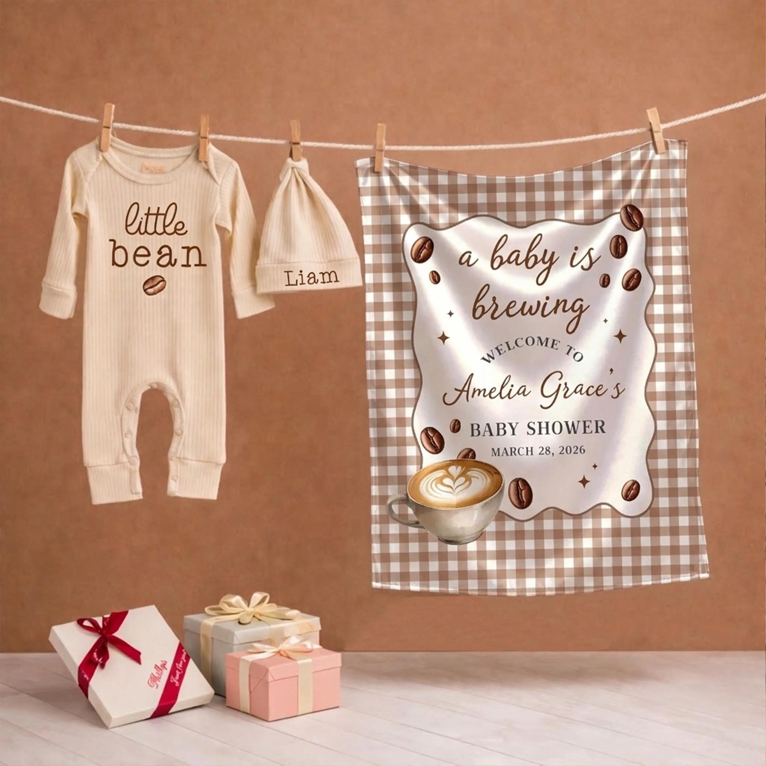 Personalized Little Bean Baby Bodysuit and Silk Banner Coffee Theme Baby Shower Gift Outfit Minimalist Latte Party Decor Custom Name