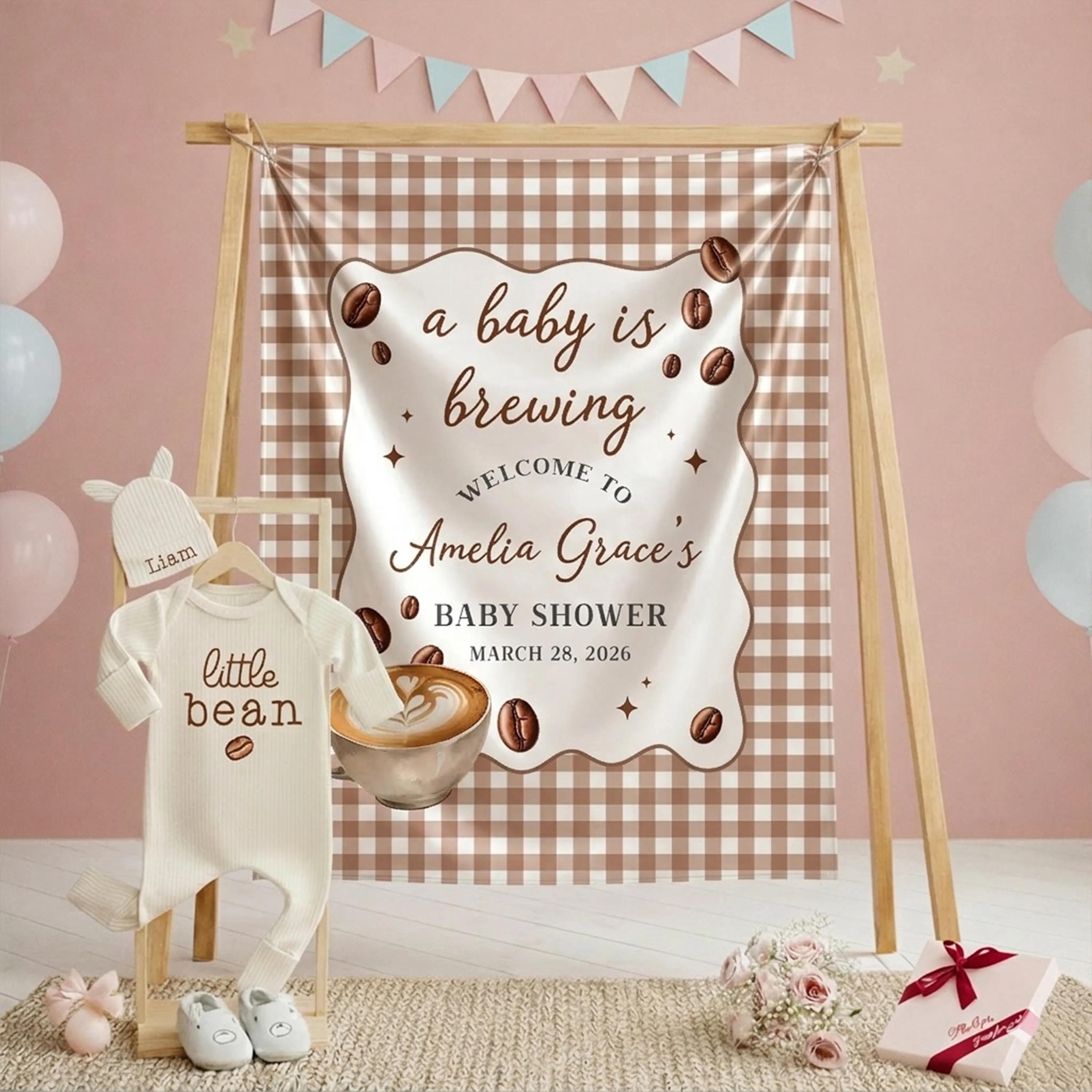 Personalized Little Bean Baby Bodysuit and Silk Banner Coffee Theme Baby Shower Gift Outfit Minimalist Latte Party Decor Custom Name
