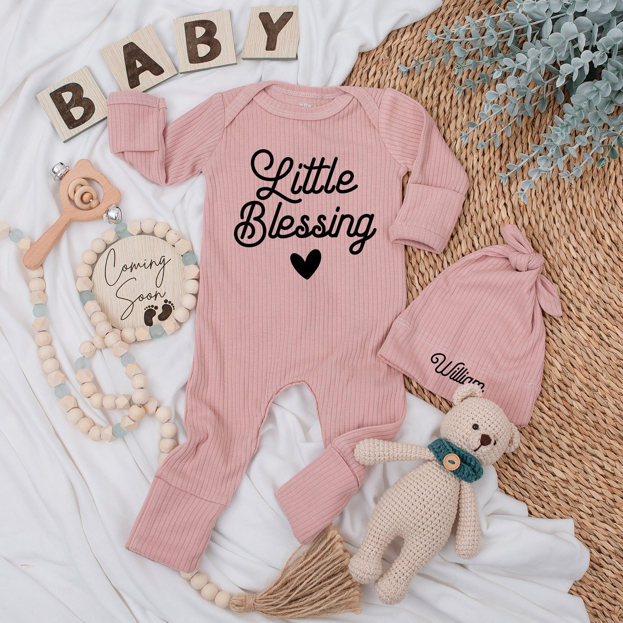 Personalized Little Blessing Baby Bodysuit Hat Set with Name Cute Vintage Newborn Outfit Cotton Gift for Special Occasions