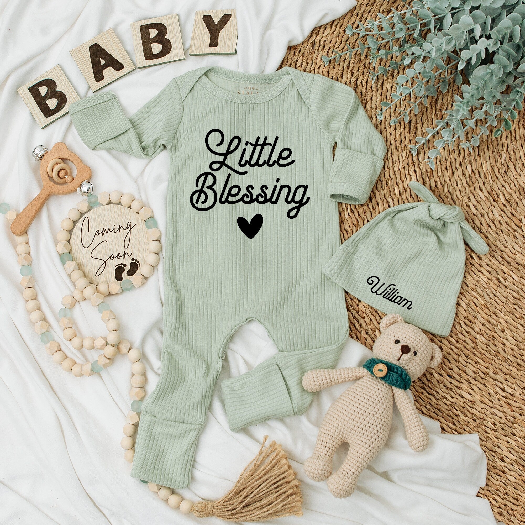 Personalized Little Blessing Baby Bodysuit Hat Set with Name Cute Vintage Newborn Outfit Cotton Gift for Special Occasions