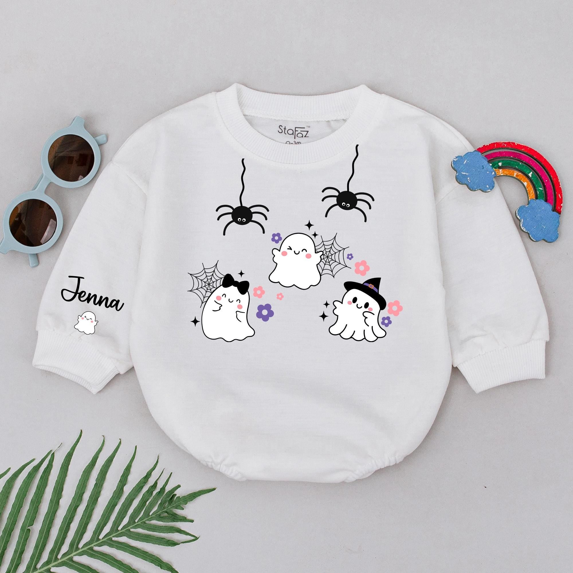 Personalized Little Boo Baby Romper with Cute Ghosts Halloween Outfit Soft Cotton Infant Clothes for Fall Holiday or First Birthday