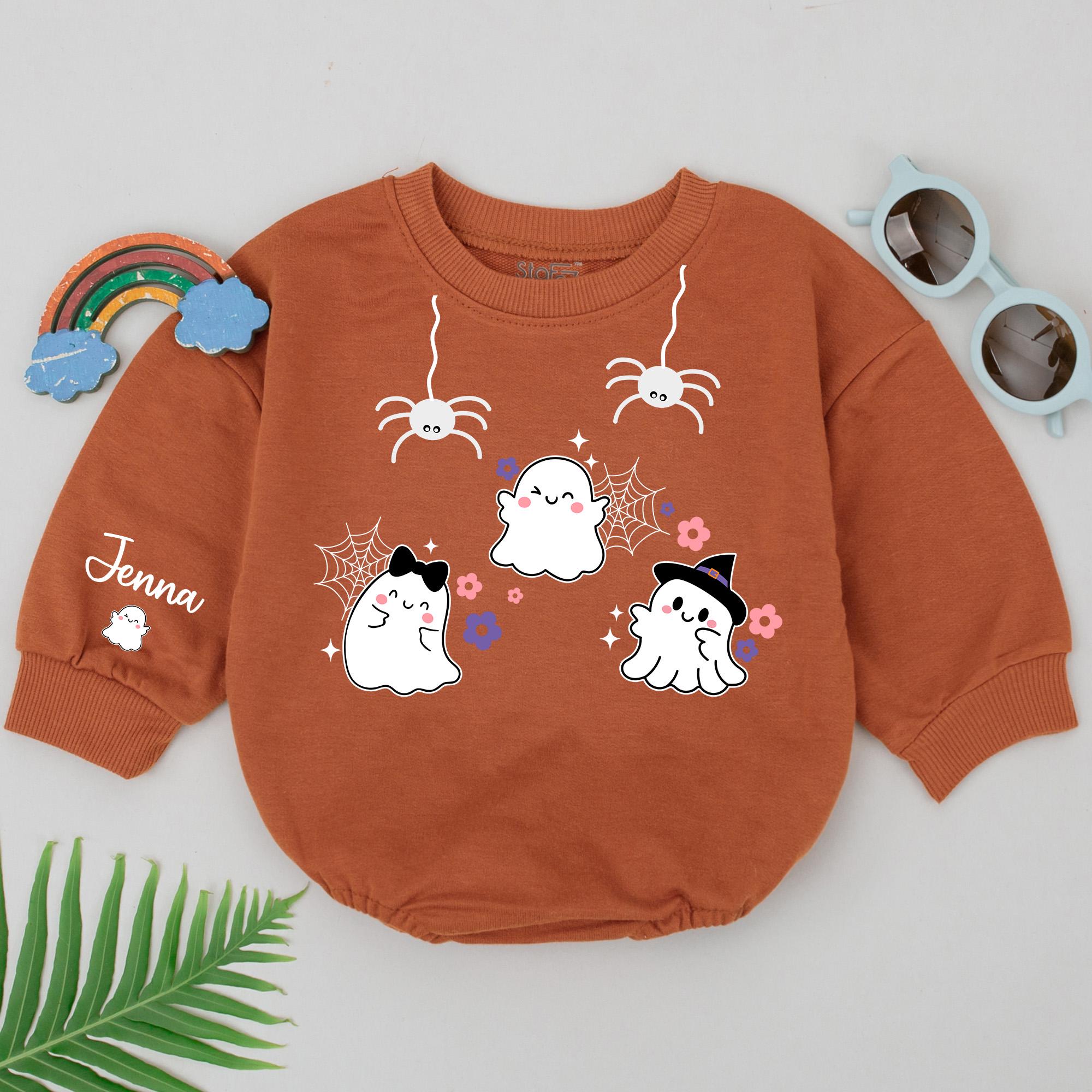 Personalized Little Boo Baby Romper with Cute Ghosts Halloween Outfit Soft Cotton Infant Clothes for Fall Holiday or First Birthday
