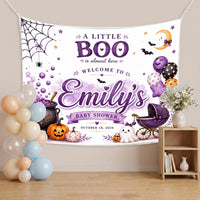 Personalized Little Boo Halloween Baby Shower Banner with Cute Ghost and Purple Balloons, Custom Name and Date Party Decoration