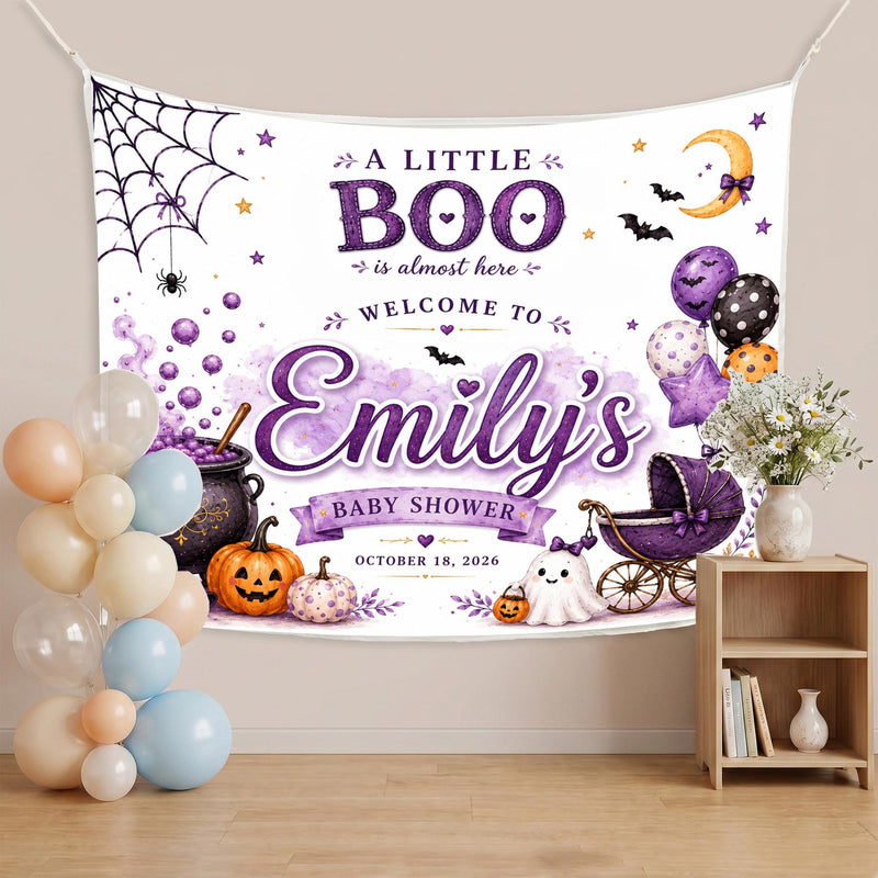 Personalized Little Boo Halloween Baby Shower Banner with Cute Ghost and Purple Balloons, Custom Name and Date Party Decoration