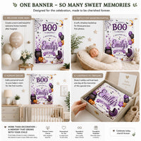 Personalized Little Boo Halloween Baby Shower Banner with Cute Ghost and Purple Balloons, Custom Name and Date Party Decoration
