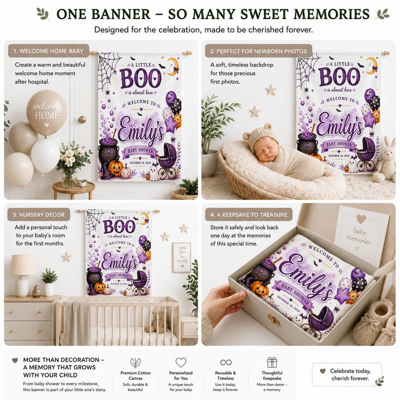 Personalized Little Boo Halloween Baby Shower Banner with Cute Ghost and Purple Balloons, Custom Name and Date Party Decoration