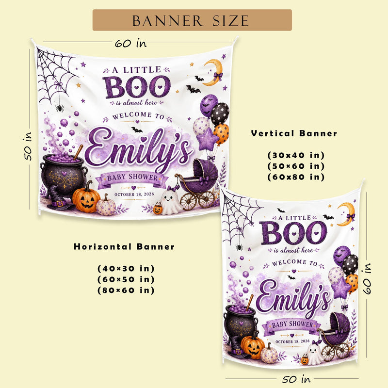 Personalized Little Boo Halloween Baby Shower Banner with Cute Ghost and Purple Balloons, Custom Name and Date Party Decoration