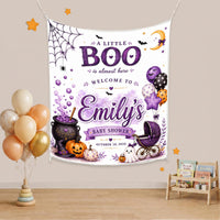 Personalized Little Boo Halloween Baby Shower Banner with Cute Ghost and Purple Balloons, Custom Name and Date Party Decoration