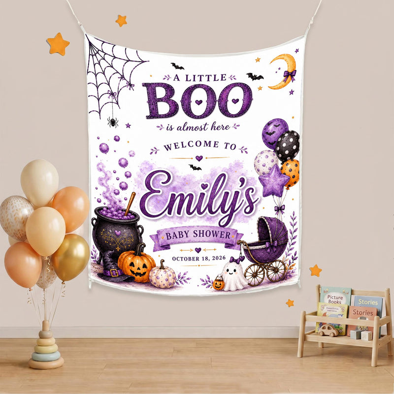 Personalized Little Boo Halloween Baby Shower Banner with Cute Ghost and Purple Balloons, Custom Name and Date Party Decoration