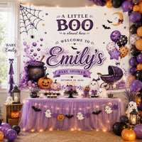 Personalized Little Boo Halloween Baby Shower Banner with Cute Ghost and Purple Balloons, Custom Name and Date Party Decoration