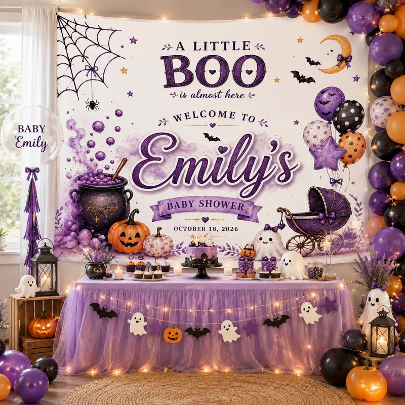 Personalized Little Boo Halloween Baby Shower Banner with Cute Ghost and Purple Balloons, Custom Name and Date Party Decoration