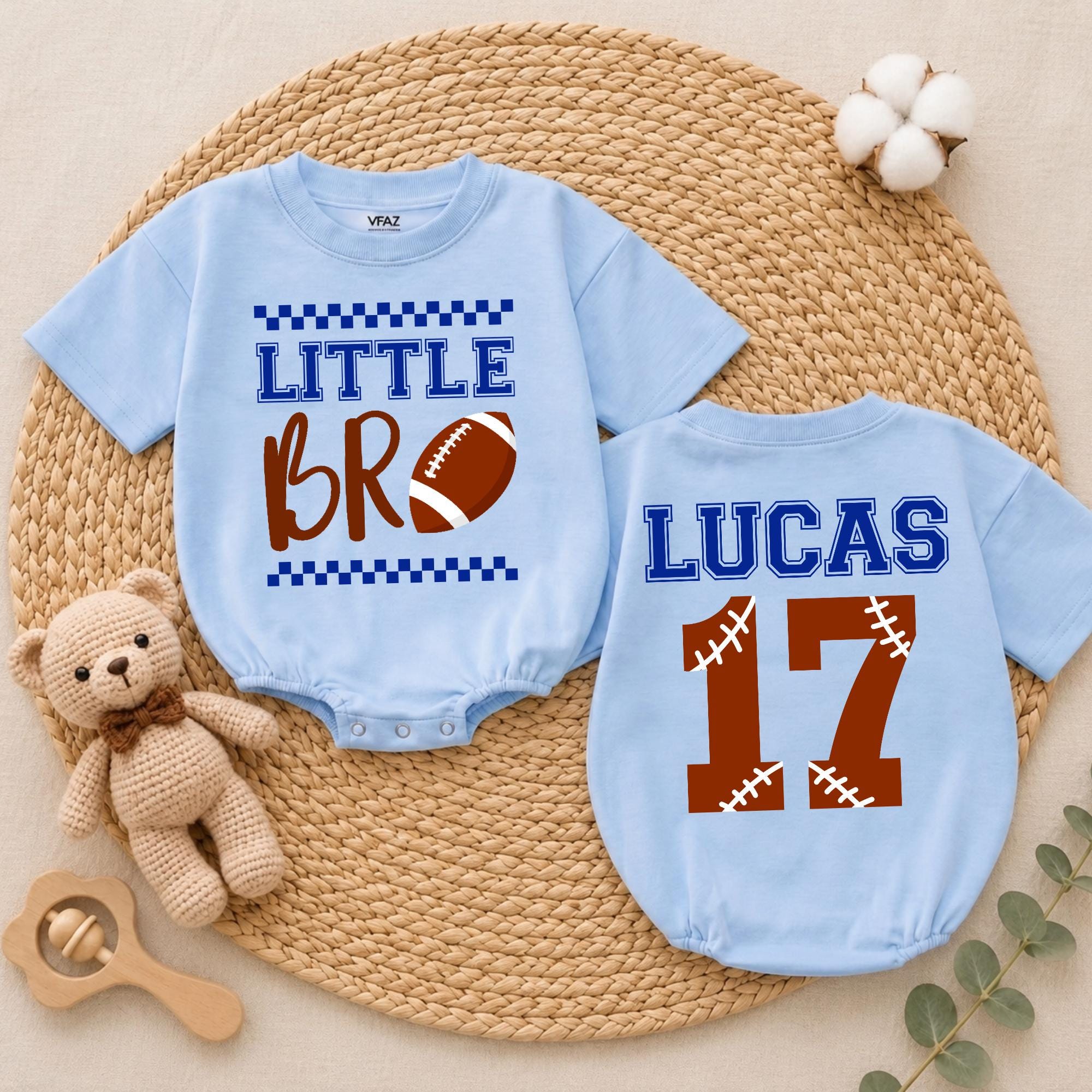 Personalized Little Bro Football Baby Boy Romper Custom Sibling Announcement Long Sleeve Cotton Outfit for Newborns and Toddler Game Day Wear