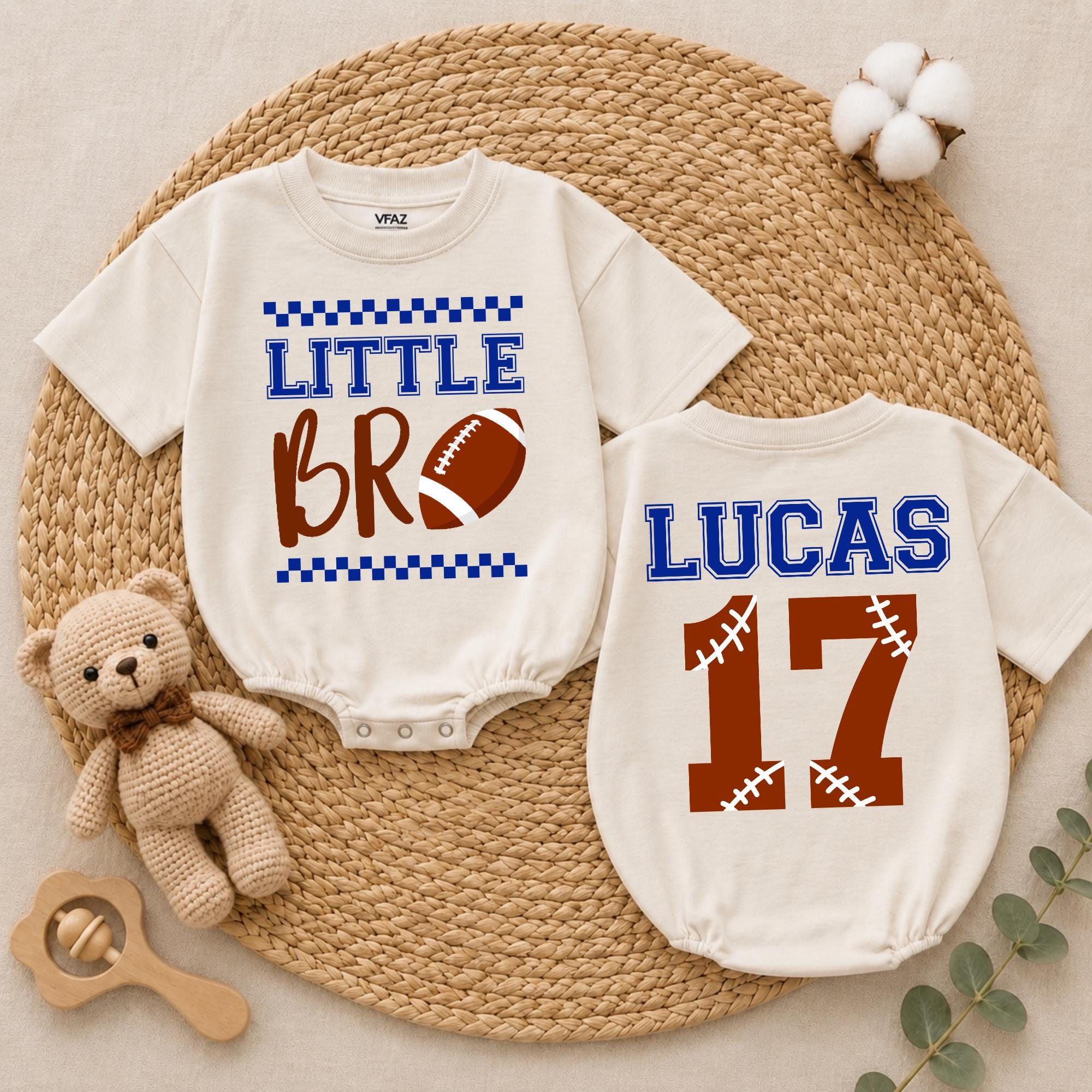 Personalized Little Bro Football Baby Boy Romper Custom Sibling Announcement Long Sleeve Cotton Outfit for Newborns and Toddler Game Day Wear
