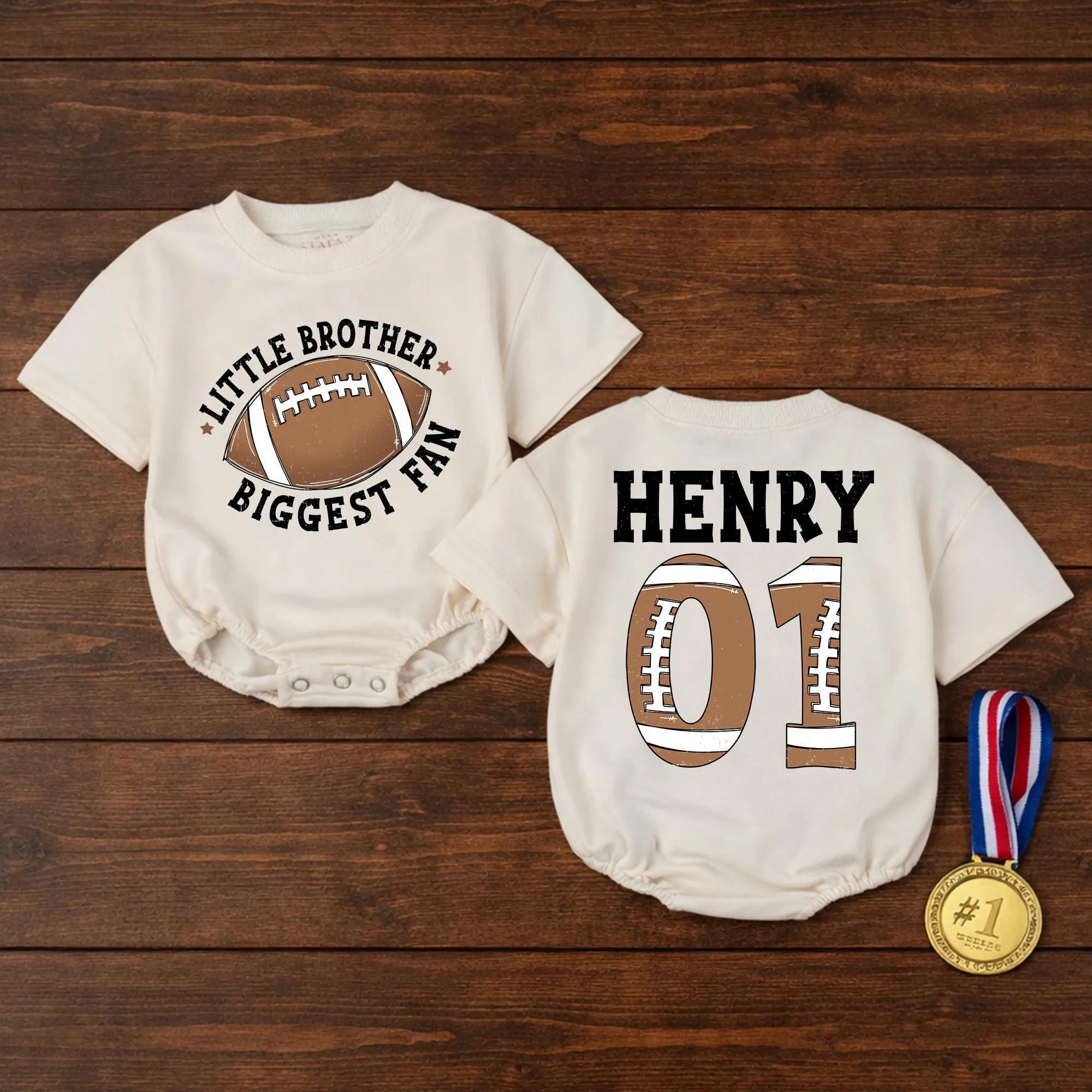 Personalized Little Brother Biggest Fan Football Baby Romper, Custom Name & Number, Soft Cotton Game Day Outfit, Infant & Toddler Apparel