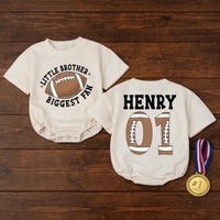 Personalized Little Brother Biggest Fan Football Baby Romper, Custom Name & Number, Soft Cotton Game Day Outfit, Infant & Toddler Apparel