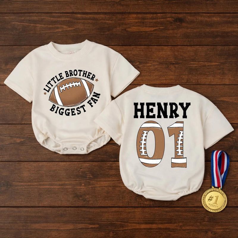 Personalized Little Brother Biggest Fan Football Baby Romper, Custom Name & Number, Soft Cotton Game Day Outfit, Infant & Toddler Apparel