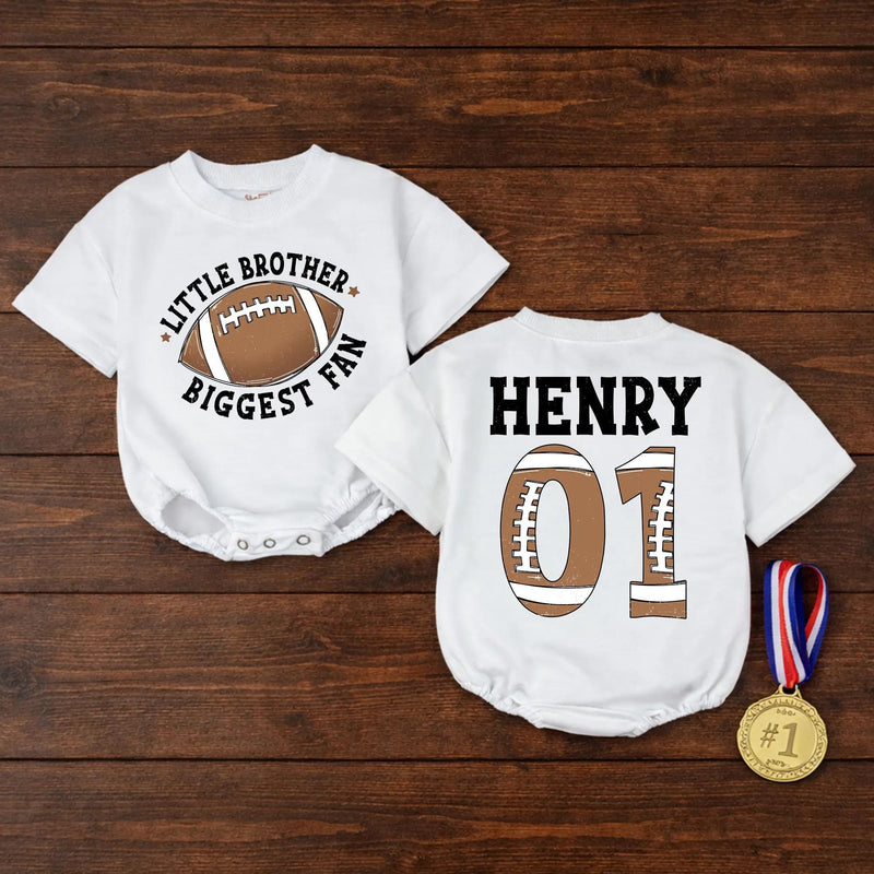 Personalized Little Brother Biggest Fan Football Baby Romper, Custom Name & Number, Soft Cotton Game Day Outfit, Infant & Toddler Apparel