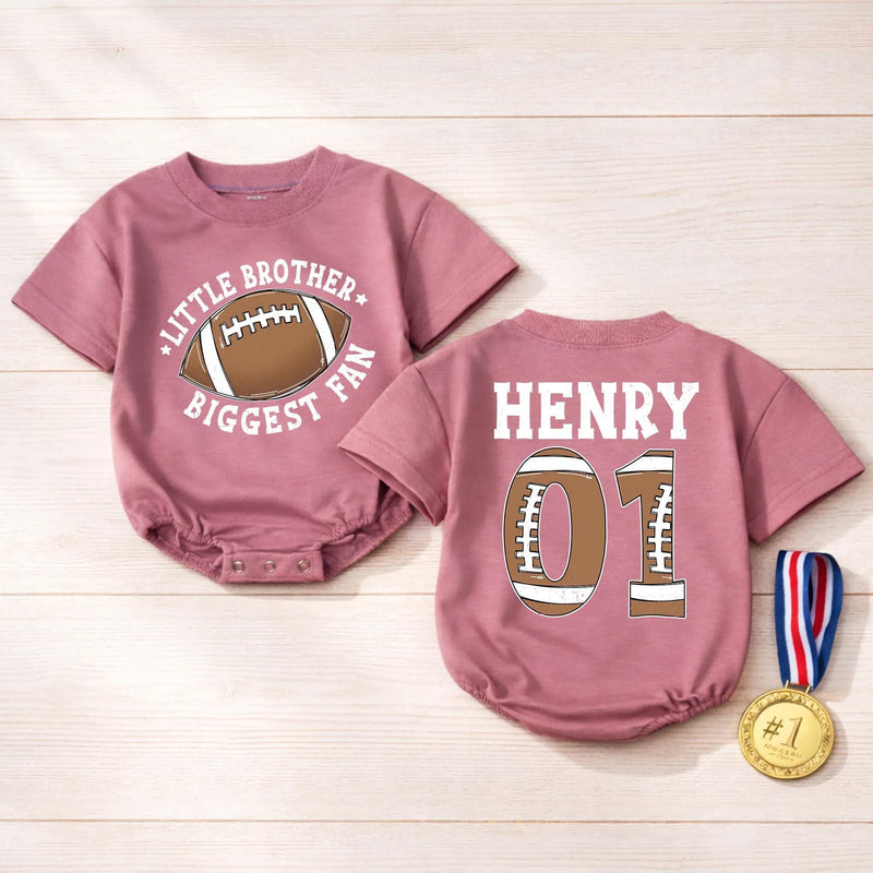 Personalized Little Brother Biggest Fan Football Baby Romper, Custom Name & Number, Soft Cotton Game Day Outfit, Infant & Toddler Apparel