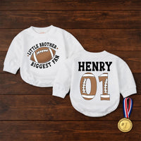 Personalized Little Brother Biggest Fan Football Baby Romper, Custom Name & Number, Soft Cotton Game Day Outfit, Infant & Toddler Apparel