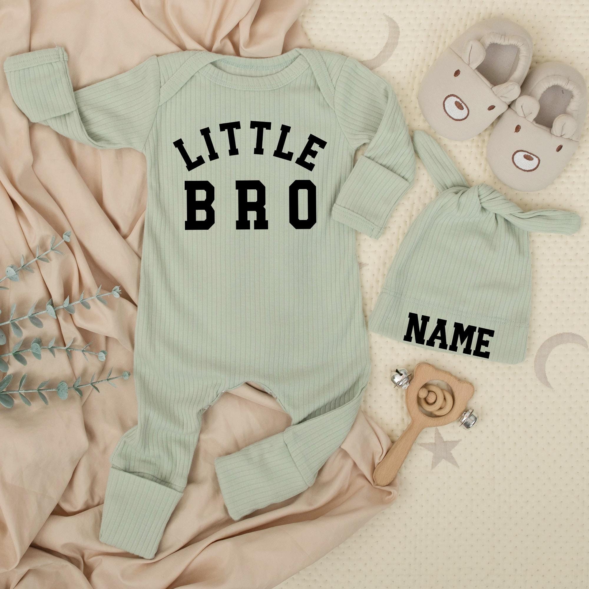 Personalized Little Brother Coming Home Outfit Baby Boy Long Sleeve Bodysuit with Custom Name Hat Soft Cotton Newborn Gift Set