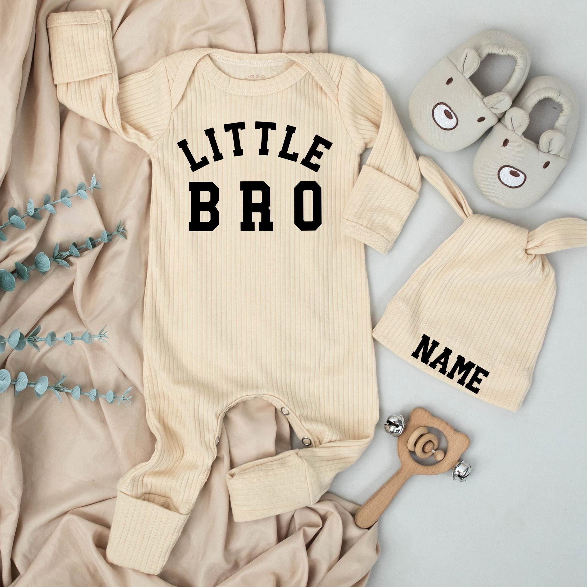 Personalized Little Brother Coming Home Outfit Baby Boy Long Sleeve Bodysuit with Custom Name Hat Soft Cotton Newborn Gift Set