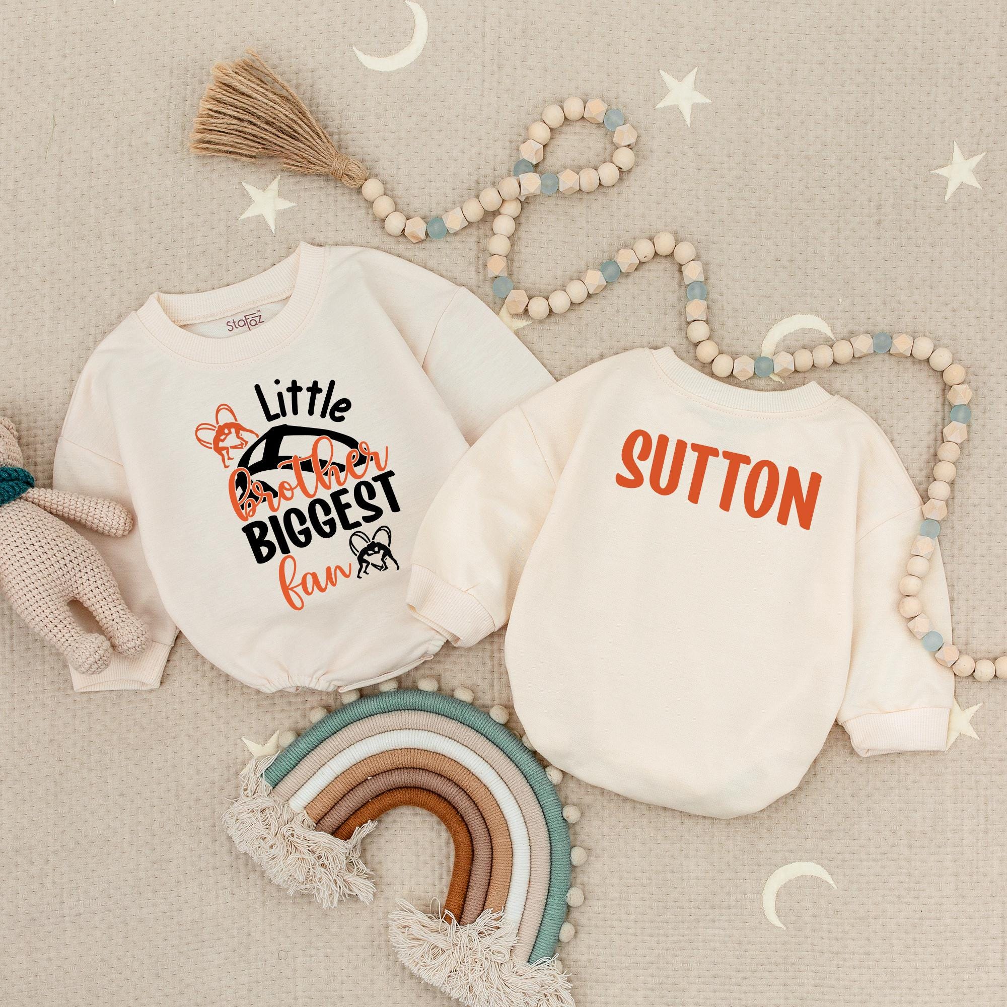 Personalized Little Brother Romper with Wrestling Theme Baby Bodysuit Custom Name Sutton Bold Black Orange Fan Outfit Gift