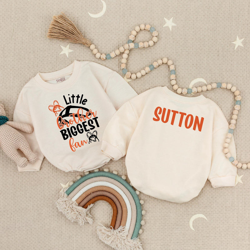 Personalized Little Brother Romper with Wrestling Theme Baby Bodysuit Custom Name Sutton Bold Black Orange Fan Outfit Gift
