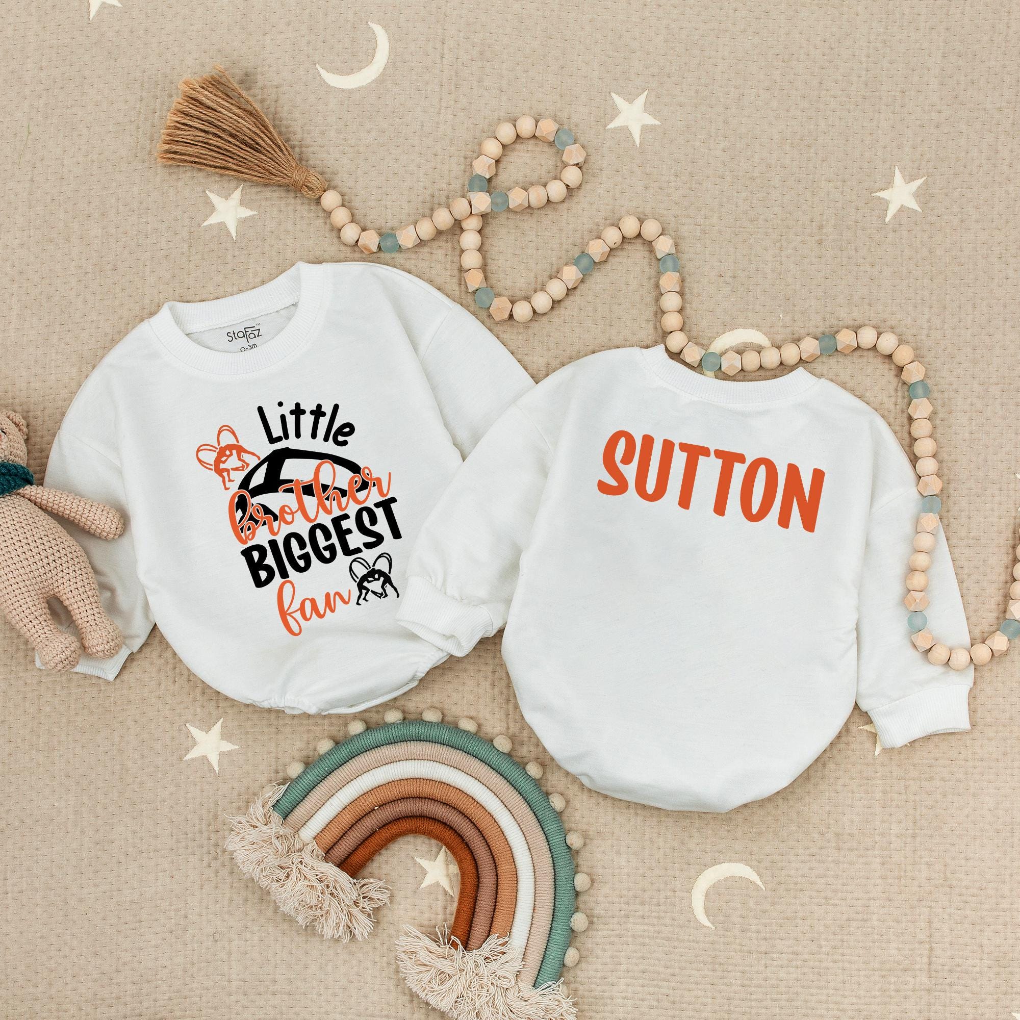 Personalized Little Brother Romper with Wrestling Theme Baby Bodysuit Custom Name Sutton Bold Black Orange Fan Outfit Gift