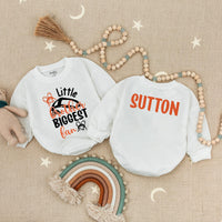 Personalized Little Brother Romper with Wrestling Theme Baby Bodysuit Custom Name Sutton Bold Black Orange Fan Outfit Gift