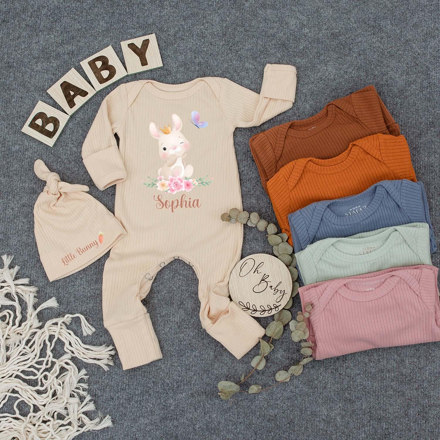 Personalized Little Bunny Baby Bodysuit and Hat Set with Name Sophia Newborn Gift Easter Going Home Outfit Soft Cotton Pastel Colors