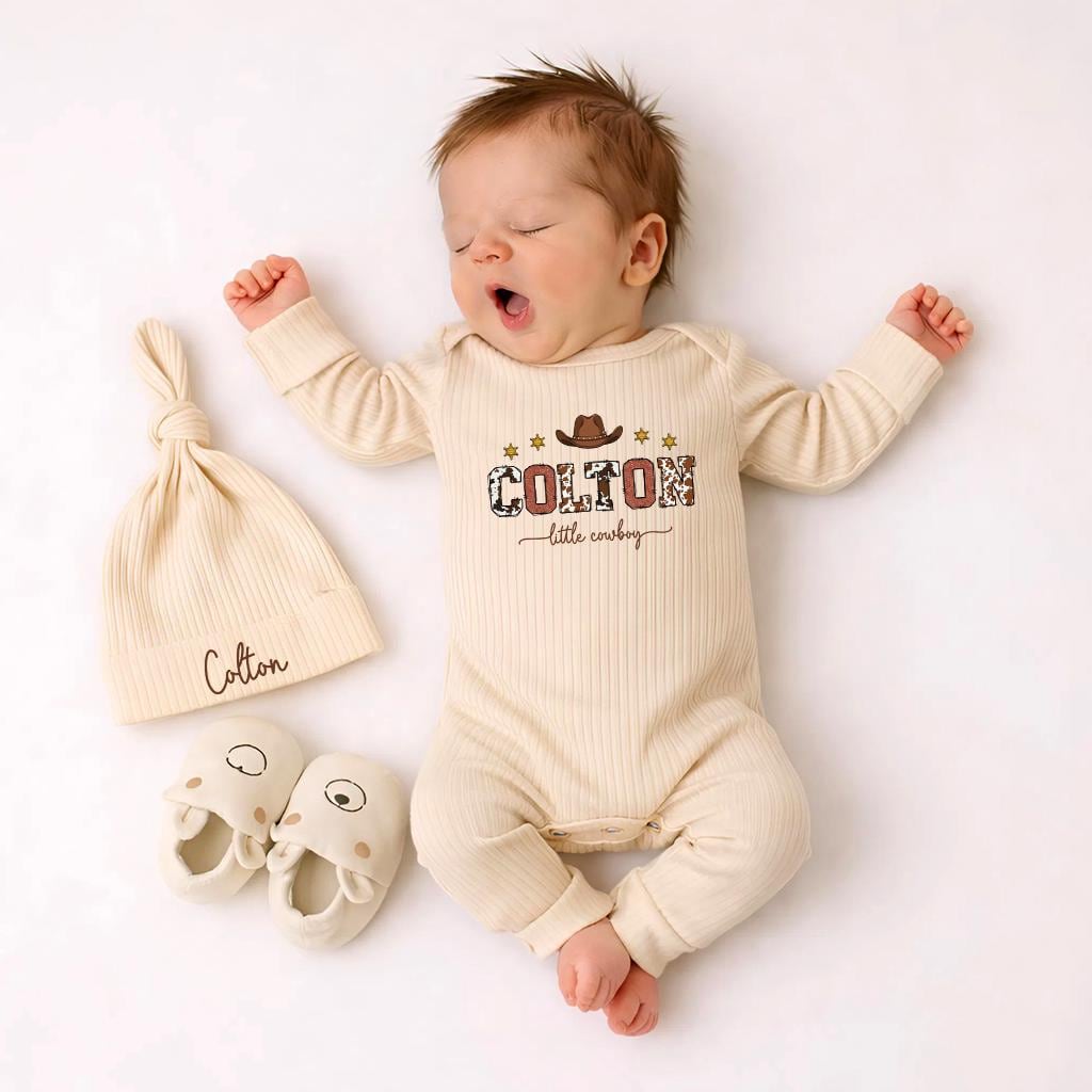 Personalized Little Cowboy Baby Bodysuit with Cow-Print Name and Hat, Custom Western Outfit for Newborn Boys, Baby Shower or Coming Home Gift