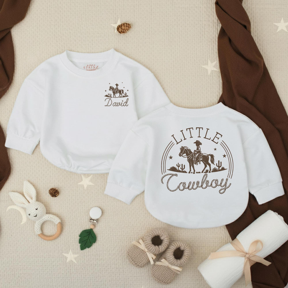 Personalized Little Cowboy Baby Romper with Vintage Western Design, Custom Name Outfit for Baby Boy Birthday, Soft Cotton Infant Clothes