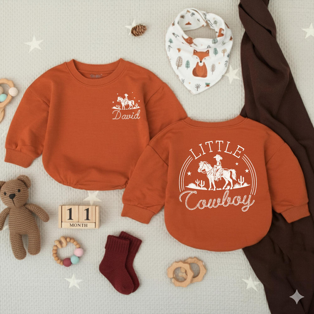 Personalized Little Cowboy Baby Romper with Vintage Western Design, Custom Name Outfit for Baby Boy Birthday, Soft Cotton Infant Clothes