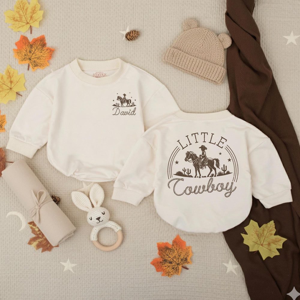 Personalized Little Cowboy Baby Romper with Vintage Western Design, Custom Name Outfit for Baby Boy Birthday, Soft Cotton Infant Clothes