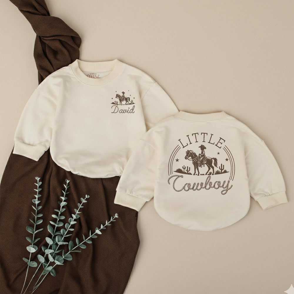 Personalized Little Cowboy Baby Romper with Vintage Western Design, Custom Name Outfit for Baby Boy Birthday, Soft Cotton Infant Clothes