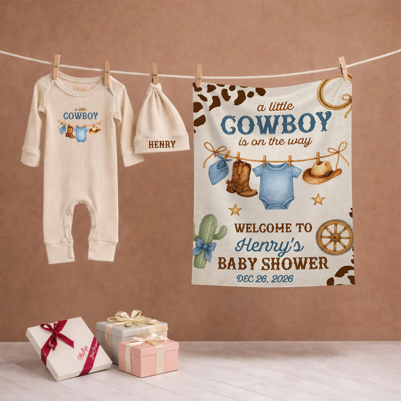 Personalized Little Cowboy Baby Shower Outfit with Onesie and Hat Western Theme Gift for Boys Featuring Watercolor Boots and Hat Design