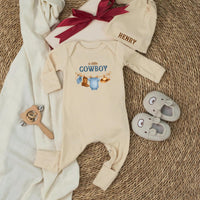 Personalized Little Cowboy Baby Shower Outfit with Onesie and Hat Western Theme Gift for Boys Featuring Watercolor Boots and Hat Design