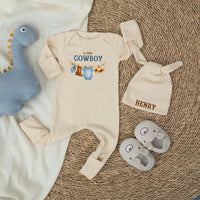 Personalized Little Cowboy Baby Shower Outfit with Onesie and Hat Western Theme Gift for Boys Featuring Watercolor Boots and Hat Design