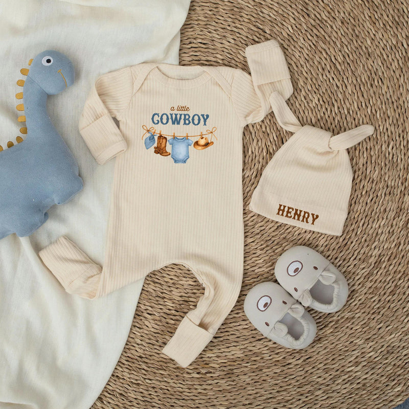 Personalized Little Cowboy Baby Shower Outfit with Onesie and Hat Western Theme Gift for Boys Featuring Watercolor Boots and Hat Design