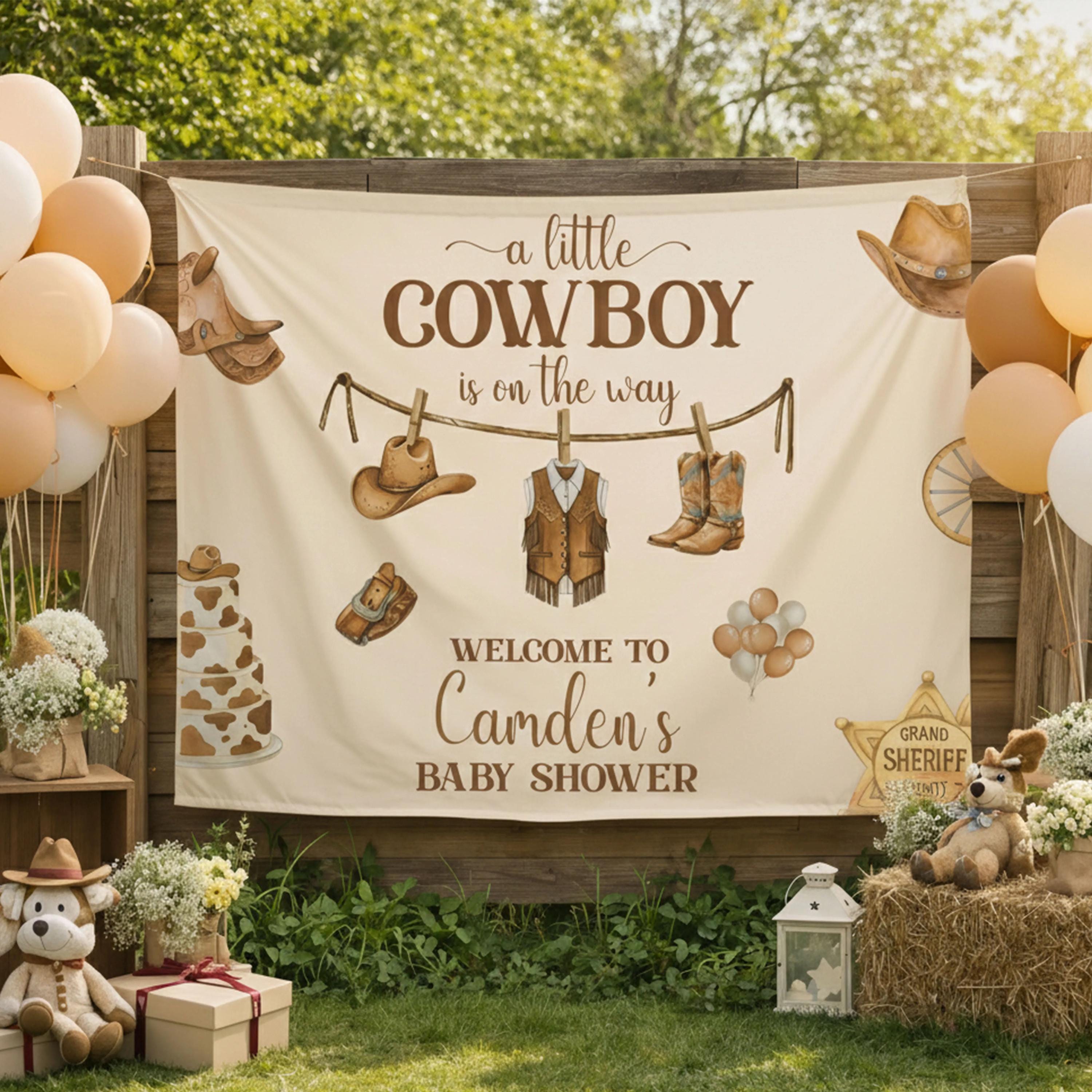 Personalized Little Cowboy Baby Shower Silk Banner with Vintage Western Rodeo Theme Custom Name Backdrop for Rustic Baby Party Decor