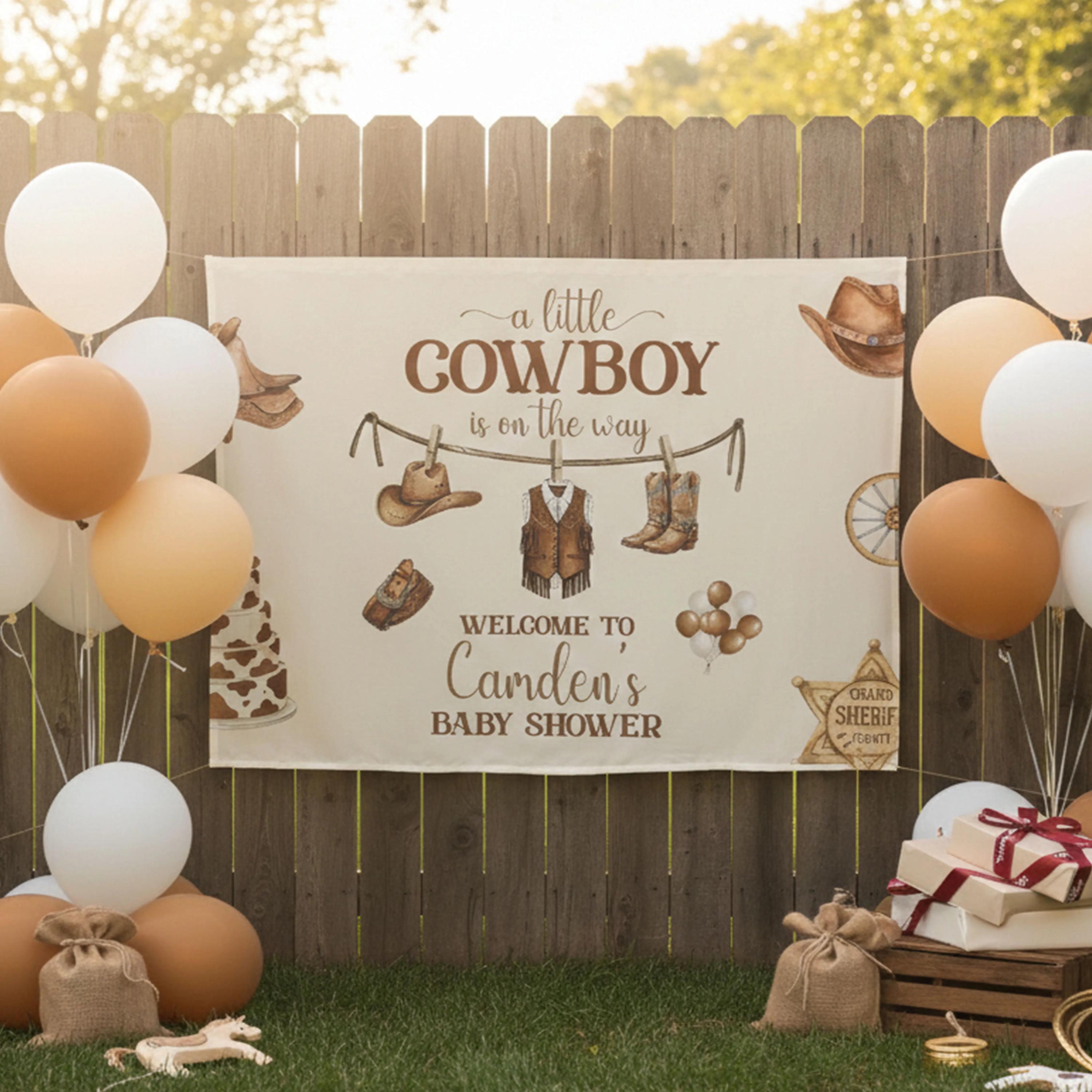 Personalized Little Cowboy Baby Shower Silk Banner with Vintage Western Rodeo Theme Custom Name Backdrop for Rustic Baby Party Decor