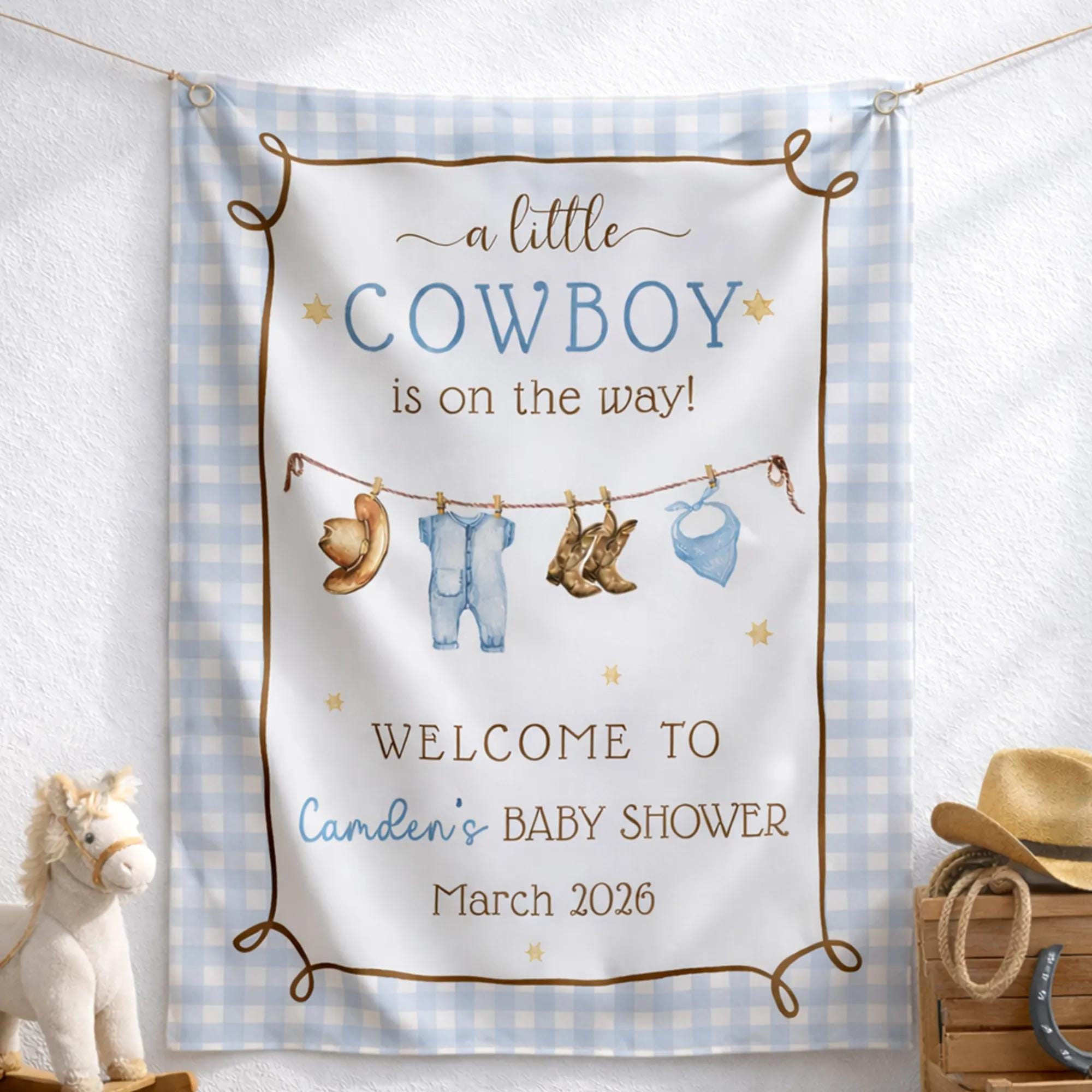 Personalized A Little Cowboy Is On The Way Blue Gingham Baby Shower Banner Rustic Western Party Backdrop with Custom Name and Date