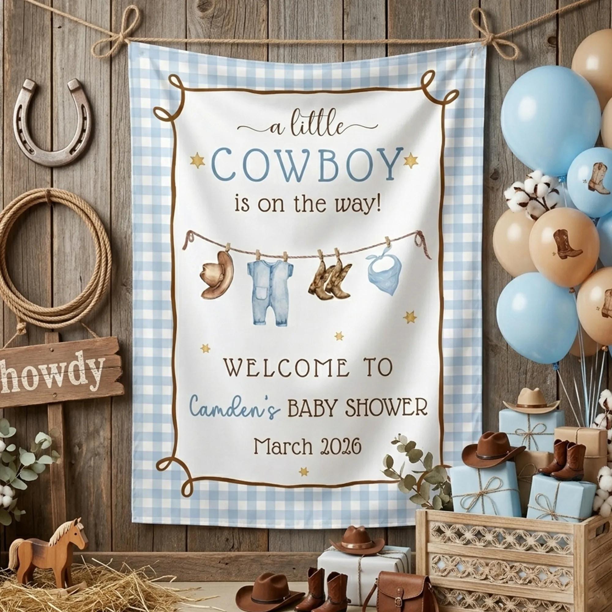 Personalized A Little Cowboy Is On The Way Blue Gingham Baby Shower Banner Rustic Western Party Backdrop with Custom Name and Date