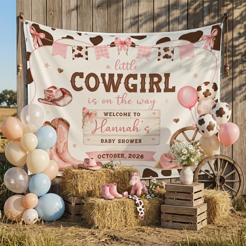 Personalized Little Cowgirl Baby Shower Backdrop Western Theme Banner Rodeo Girl Party Decor Custom Name White Design