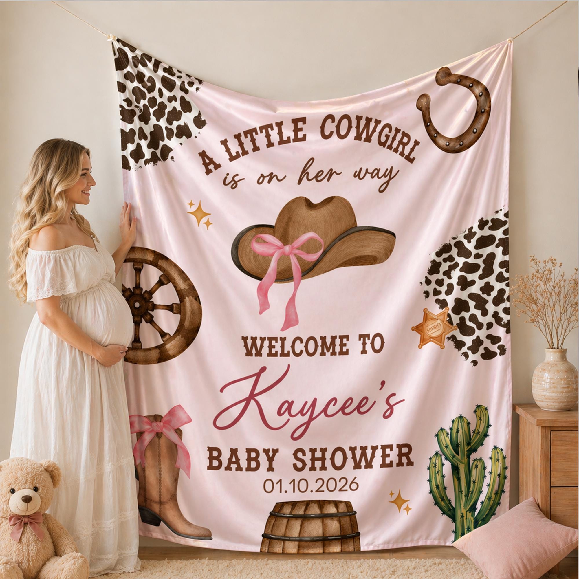 Personalized A Little Cowgirl Baby Shower Banner Soft Pink Western Decor with Cowboy Hat, Boot, Cactus, Stars Custom Name and Date