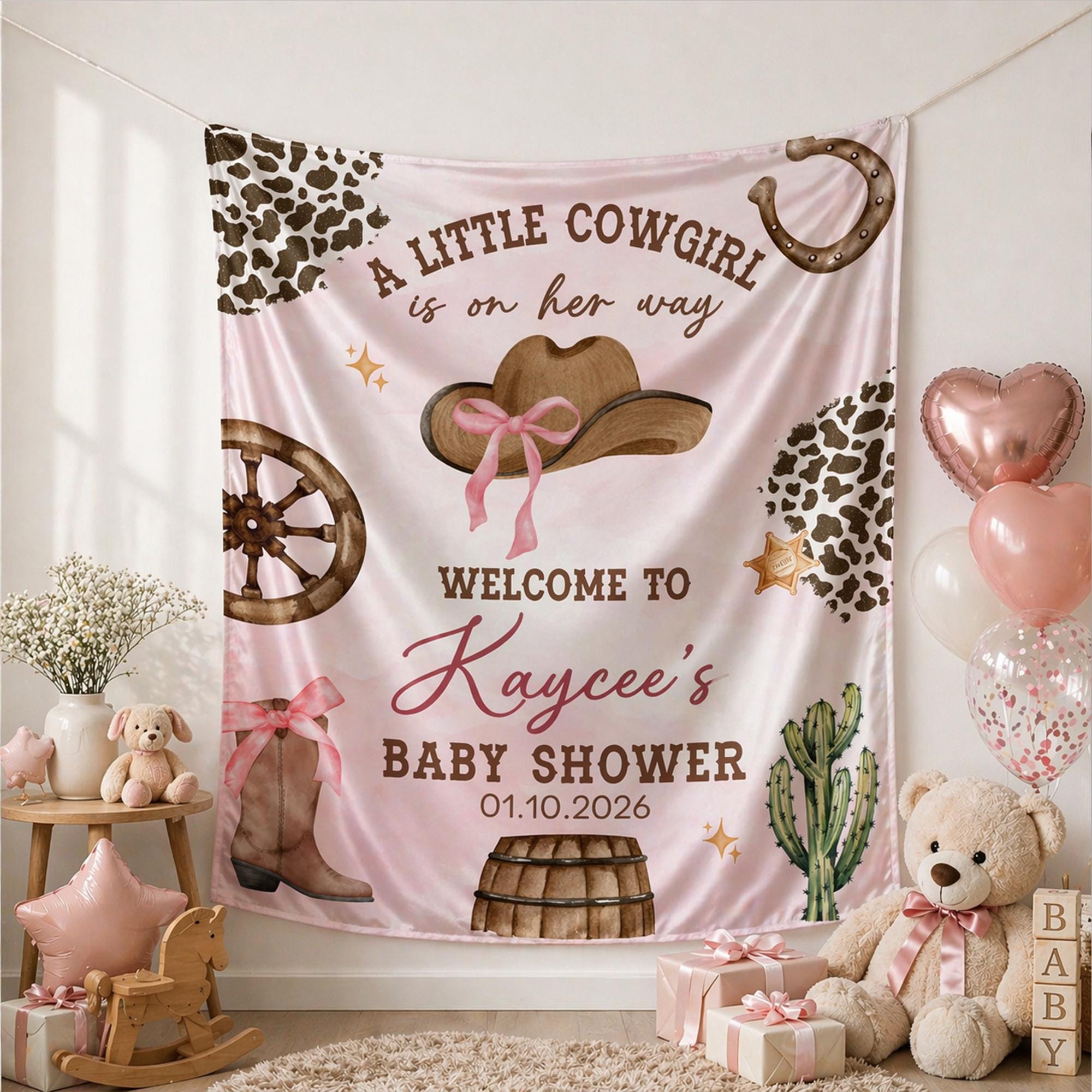 Personalized A Little Cowgirl Baby Shower Banner Soft Pink Western Decor with Cowboy Hat, Boot, Cactus, Stars Custom Name and Date